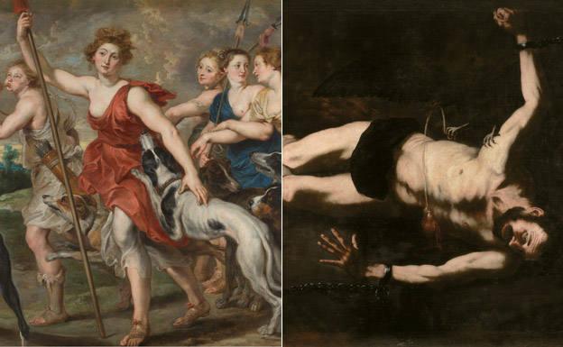 A la izquierda, ‘Diana cazadora’. Rubens. Siglo XVII; a la derecha, ‘Ticio’. José de Ribera. Siglo XVII