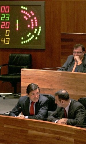 La pantalla con el resultado de la votación, en la que IU votó junto al PP y contra sus socios de gobierno del PSOE. ::
JESUS DÍAZ/