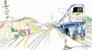 Bajo estas líneas, 'Estación de Llanes', de Alfredo González. A la derecha, 'Esperando el Transcantábrico bajo la marquesina de Arriondas', de Victoria Martos, y debajo, 'Tren con paisaje', de Toño Benavides./